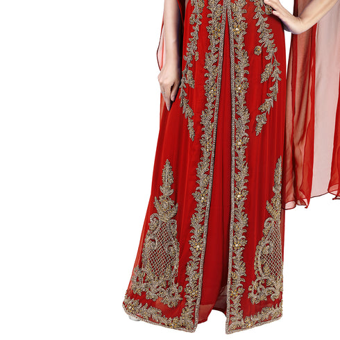 Maroon color luxurious Long Sleeves Handmade Moroccan Kaftan Embroidered zari work hijab