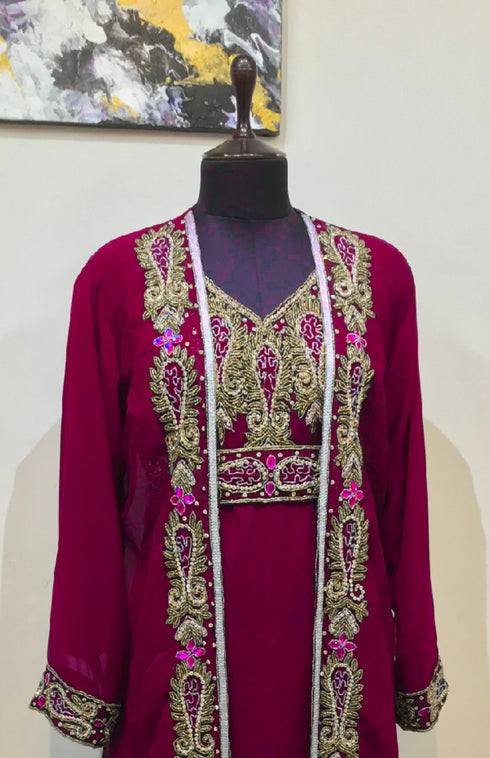 Maroon color luxurious Full Sleeves Handmade Two Piece Jacket Style Moroccan Kaftan.