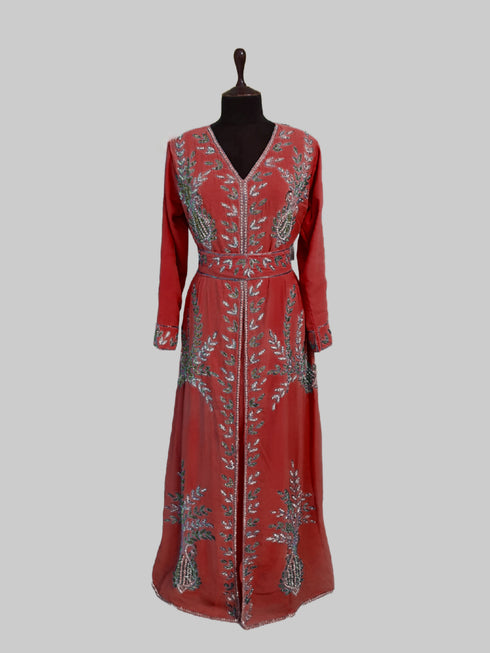Maroon color luxurious Full Sleeves Handmade Moroccan Kaftan.