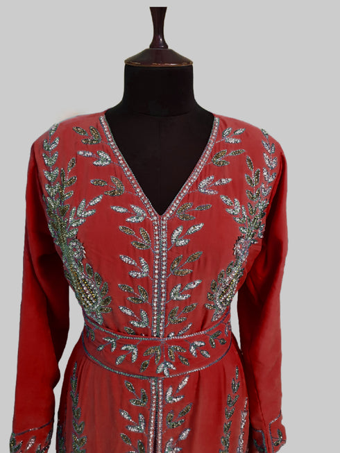 Maroon color luxurious Full Sleeves Handmade Moroccan Kaftan.