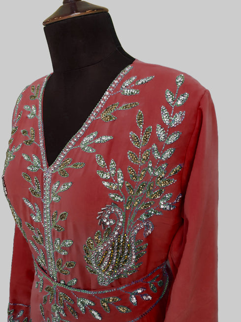 Maroon color luxurious Full Sleeves Handmade Moroccan Kaftan.
