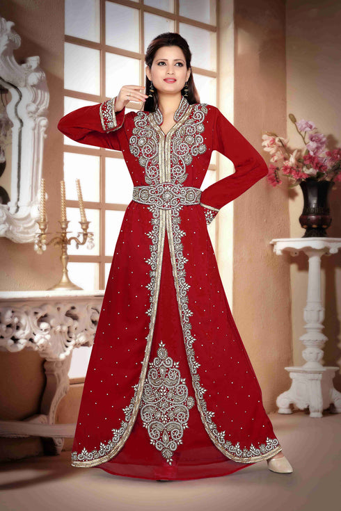 Maroon color luxurious Handmade Moroccan Kaftan with hijjab