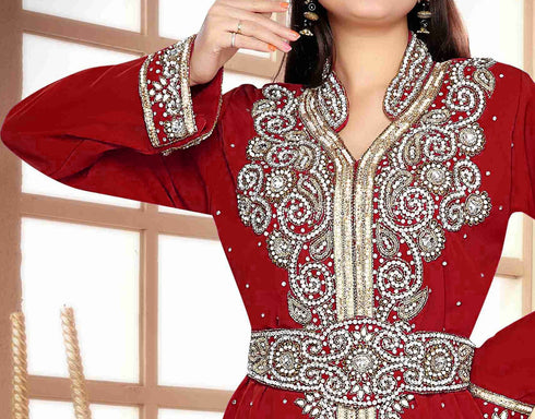 Maroon color luxurious Handmade Moroccan Kaftan with hijjab