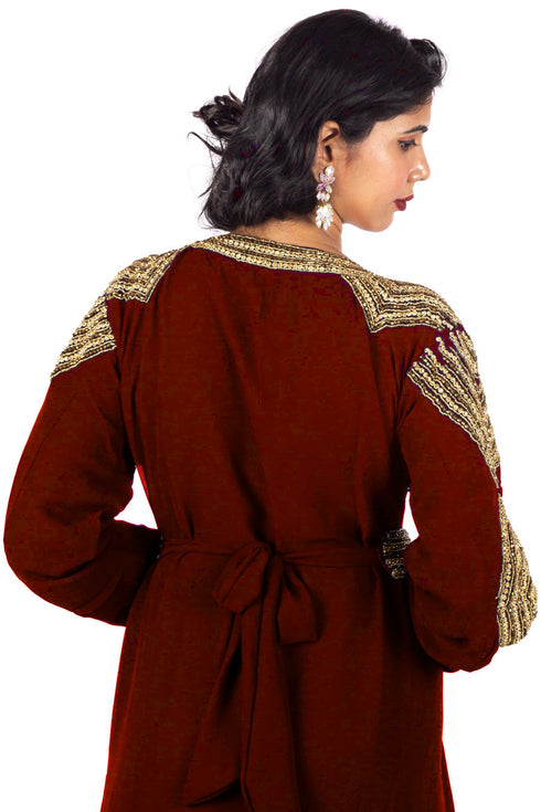 Marron Diamond Design luxurious Moroccan Kaftan With Sun-proof hijab.