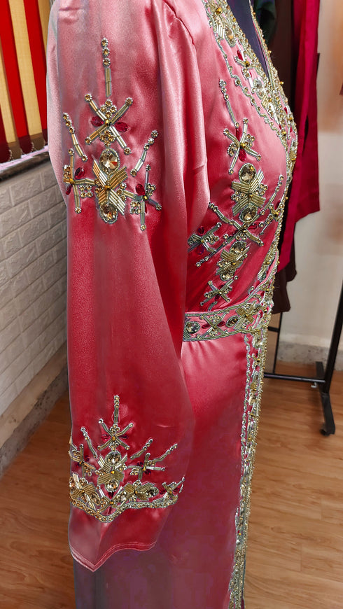 Maroon inner light gold color luxurious Full Sleeves Handmade Moroccan Kaftan.