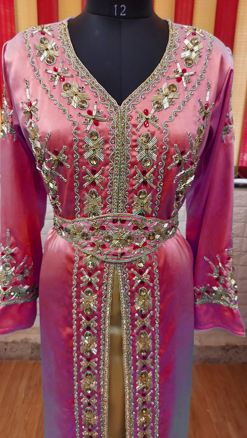 Maroon inner light gold color luxurious Full Sleeves Handmade Moroccan Kaftan.