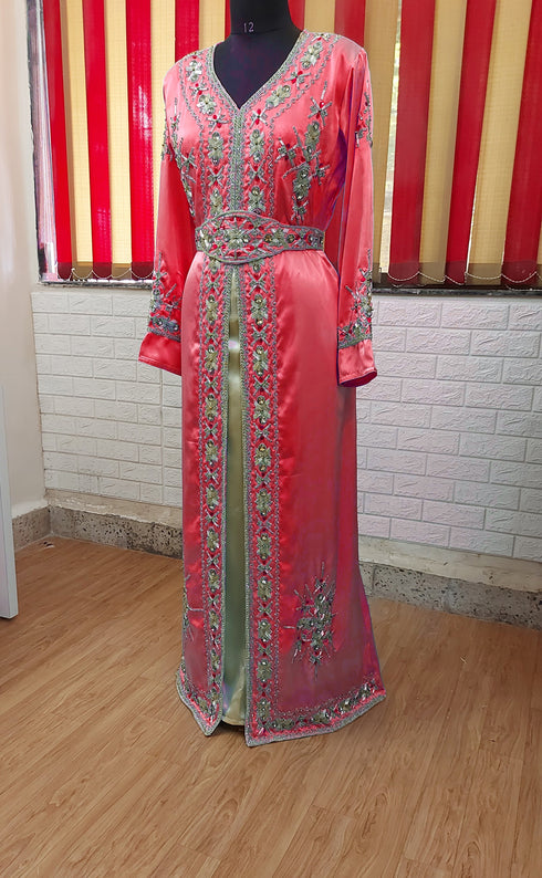 Maroon inner light gold color luxurious Full Sleeves Handmade Moroccan Kaftan.