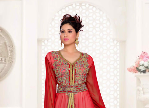 Maroon & White color luxurious Handmade Moroccan Kaftan with hijjab