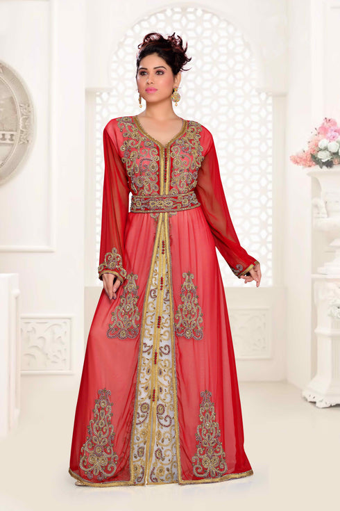 Maroon & White color luxurious Handmade Moroccan Kaftan with hijjab