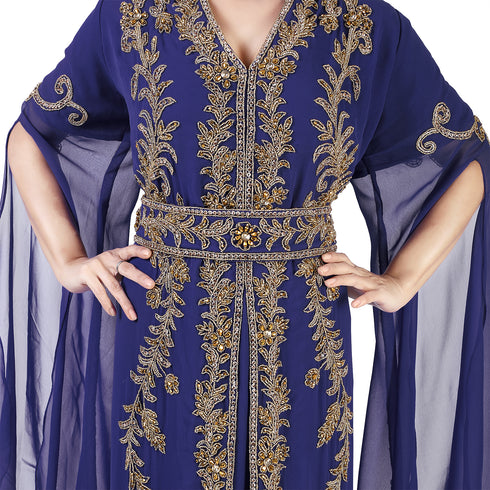 Navy Blue color luxurious Long Sleeves Handmade Moroccan Kaftan.Embroidered zari work hijab