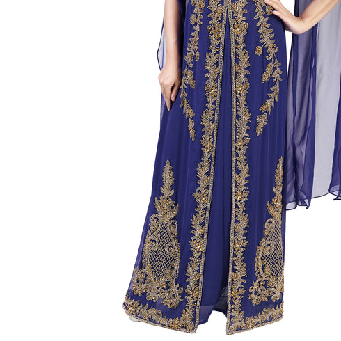 Navy Blue color luxurious Long Sleeves Handmade Moroccan Kaftan.Embroidered zari work hijab