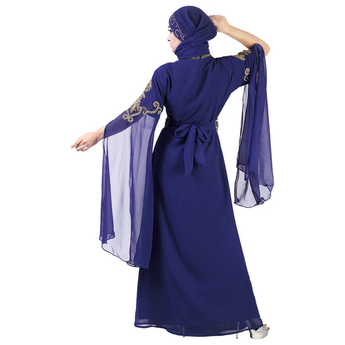 Navy Blue color luxurious Long Sleeves Handmade Moroccan Kaftan.Embroidered zari work hijab