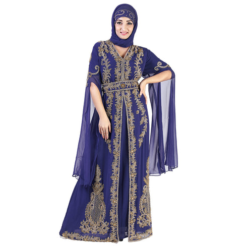 Navy Blue color luxurious Long Sleeves Handmade Moroccan Kaftan.Embroidered zari work hijab