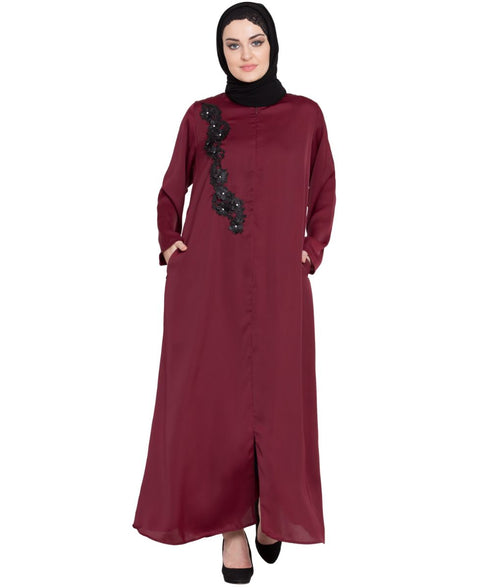 Maroon Embroidered Nida Abaya
