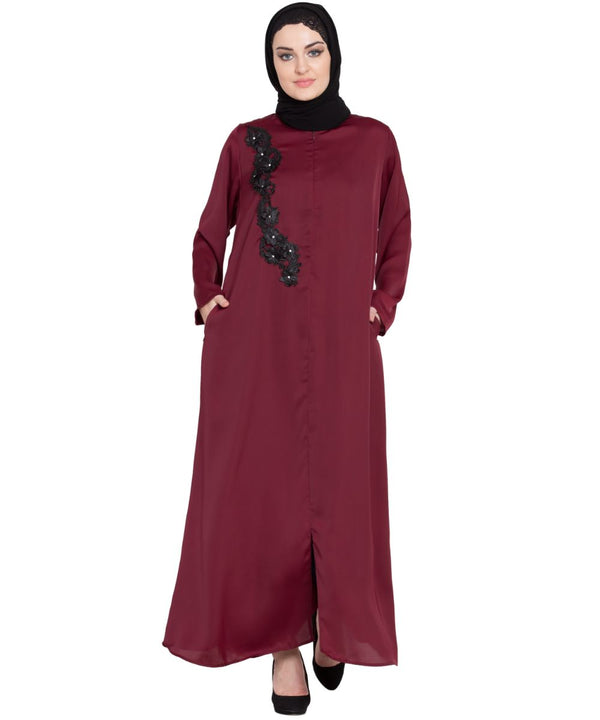 Maroon Embroidered Nida Abaya