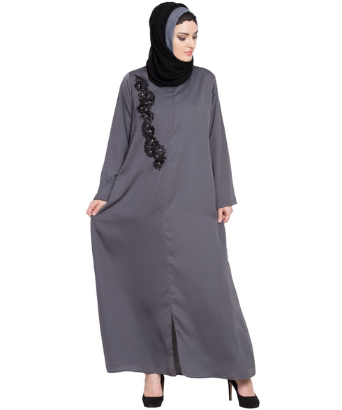 Grey Embroidered Nida Abaya