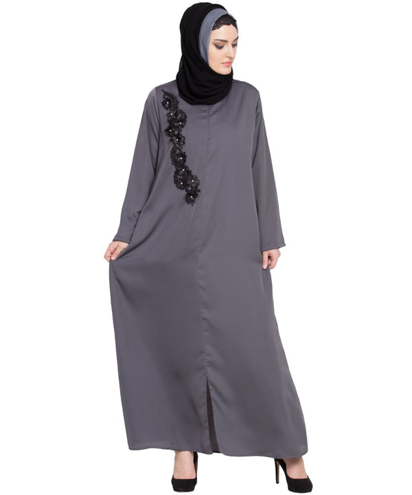 Grey Embroidered Nida Abaya