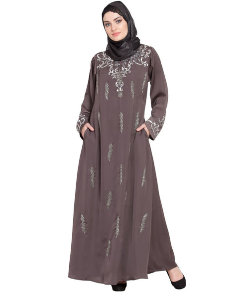 Brown Embroidered Nida Abaya