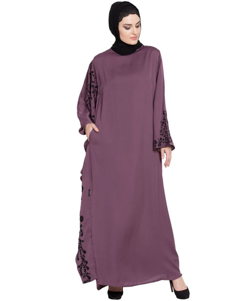 Purple Embroidered Nida Abaya