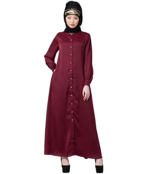 Maroon Nazneen Decorative Button Front Open Nida Abaya