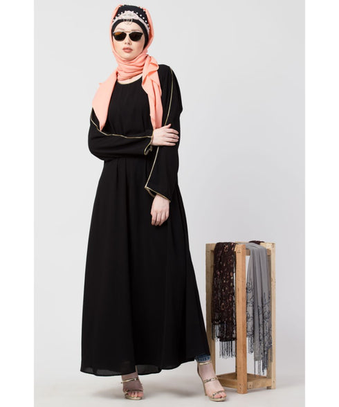 Black Nazneen Golden Piping At Sleeve Casual Abaya