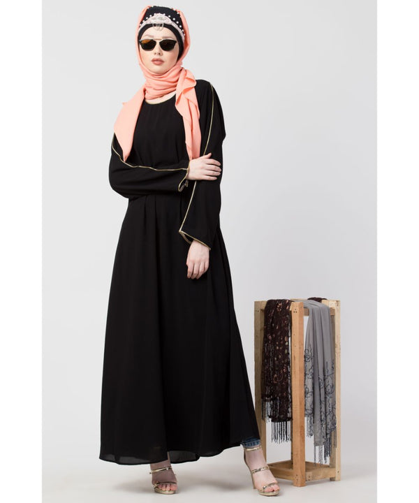 Black Nazneen Golden Piping At Sleeve Casual Abaya