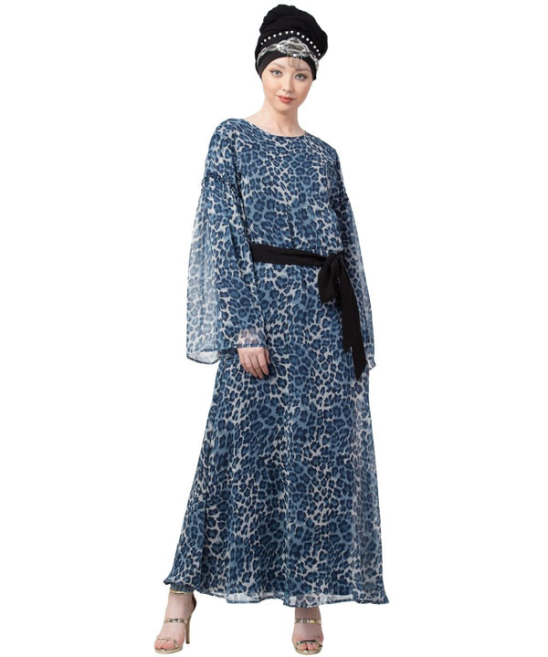 Blue Nazneen Animal Printed Bell Sleeve Casual Abaya
