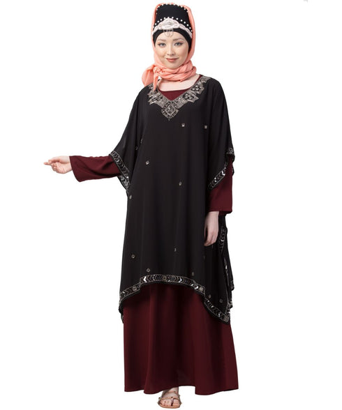 Maroon Nazneen Double Layer Embellished Party Abaya