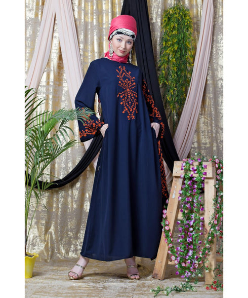 Blue Nazneen Embroidered Butterfly Sleeve Party Abaya