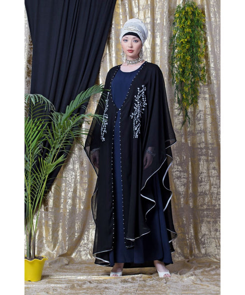 Blue and Black Georgette Sequin Abaya