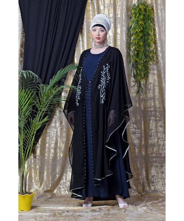 Blue and Black Georgette Sequin Abaya