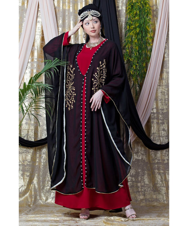 Maroon Nazneen Embroidered Butterfly Upper With Inner Abaya Cum Kaftan