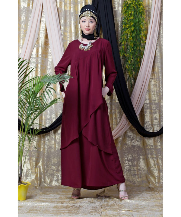 Maroon Nazneen Overlapped Panel Casual Abaya