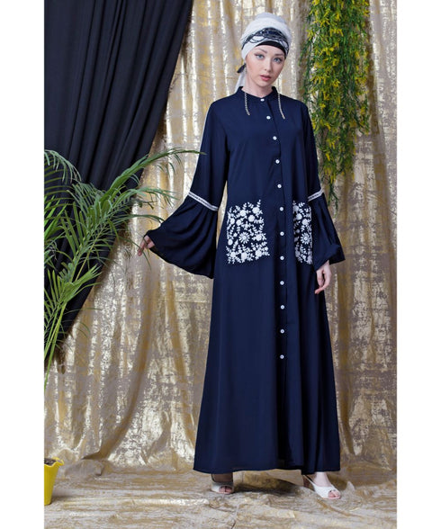 Blue Nazneen Embroidered Pocket, Bell Sleeve Casual Abaya