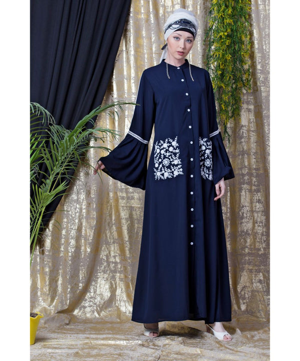 Blue Nazneen Embroidered Pocket, Bell Sleeve Casual Abaya