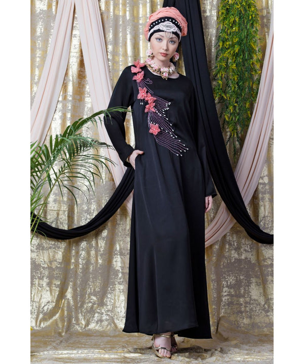 Black Nazneen Applique Flowers Hand Work Party Nida Abaya