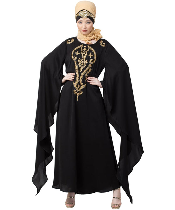 Black Nazneen Extra Long Wings Sleeve Embroidered Party Abaya