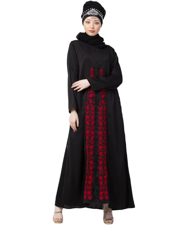 Black Nazneen Front Embroidered Zip At Neck Nida Abaya