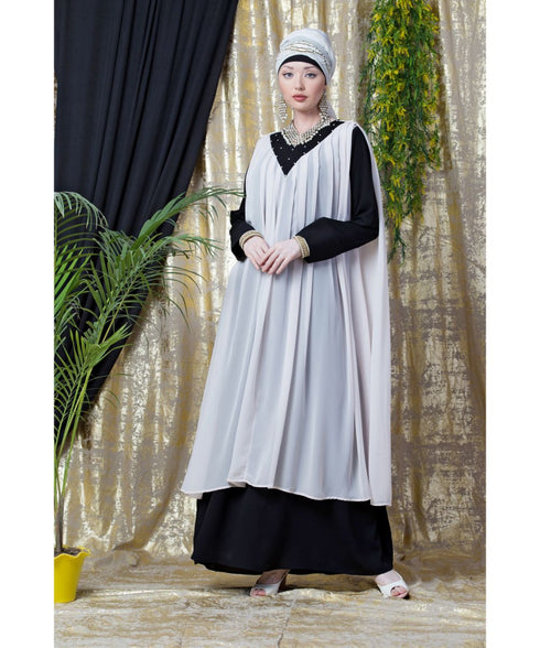 Pink Nazneen Embroidered Neck Band Double Layer Party Abaya