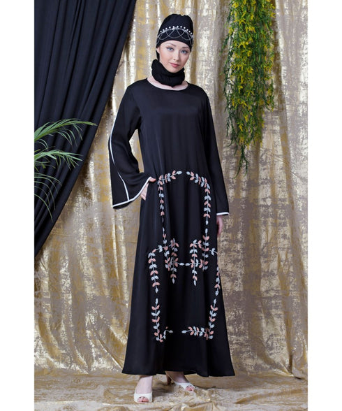 Black Nazneen Front Hand Embroidered Bell Sleeve Party Abaya