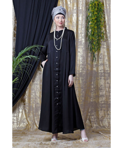 Black Nazneen Front Open With Pleats From Waist Casual Abaya