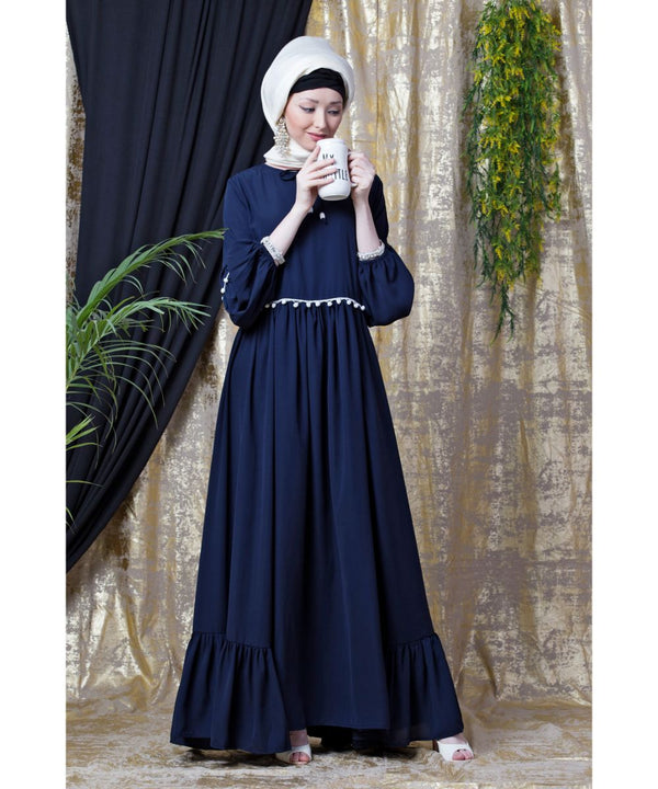 Blue Nazneen Balloon Sleeve Pom Pom Lace Bohemian Abaya