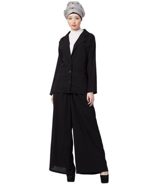 Black Nazneen Executive Two Pc Contemprory Coat Pant Cum Abaya