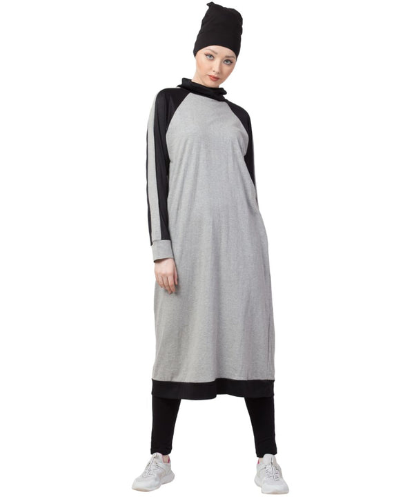 Grey Nazneen Contrast Knits Sports Abaya With Legging