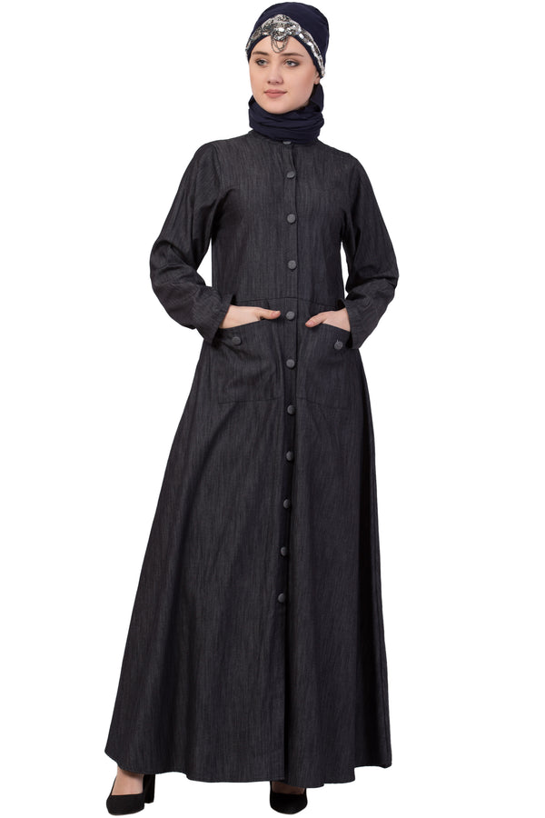 Black Plain Denim Abaya