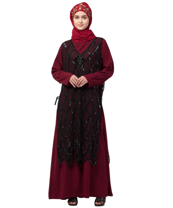 Nazneen Two Piece Diamond cut fully Beaded Front and Back Party Abaya