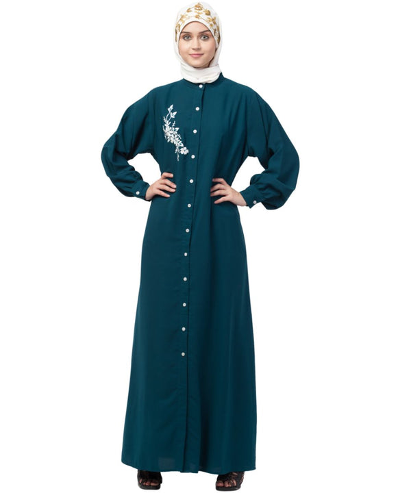 Nazneen Front Open Side embroidery Contrast Button Abaya