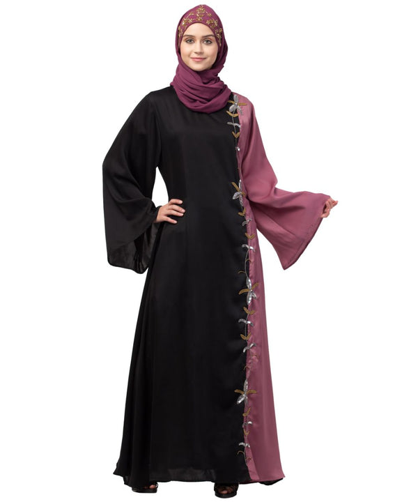 Nazneen Contrast Front & sleeve Hand work Abaya