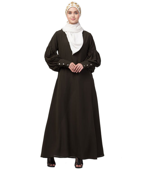 Nazneen long cuff full balloon sleeve with belt A line Abaya