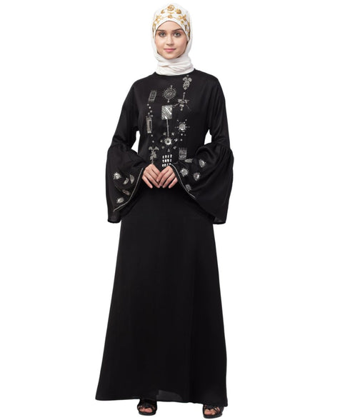 Nazneen hand embroidery on front and bell sleeve A line Abaya